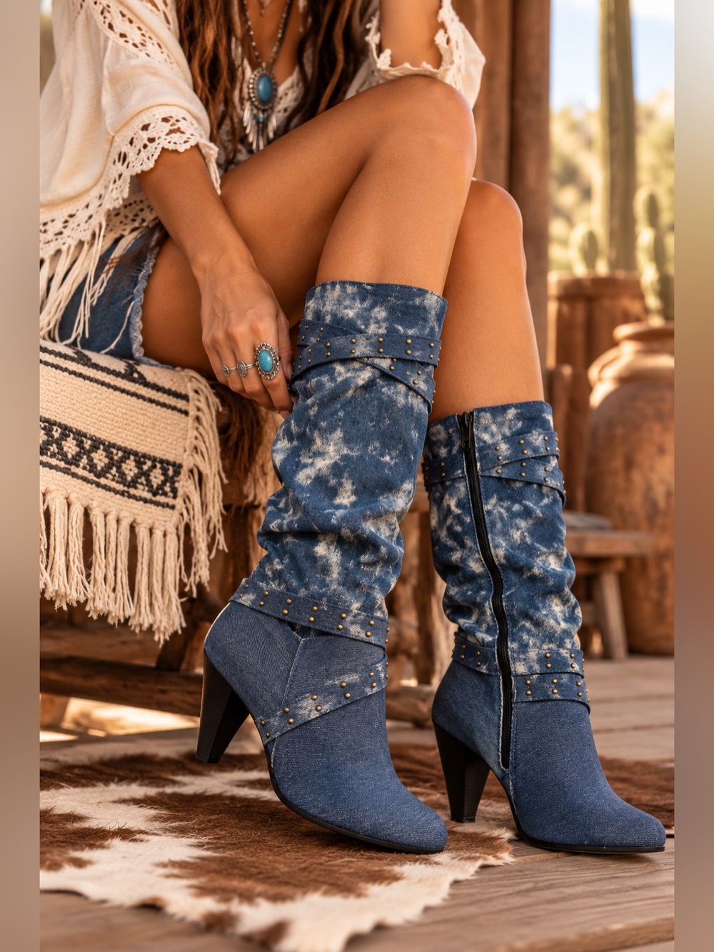 Y2K Acid Wash Denim Studded Tall Heeled Boots Blue Size 10